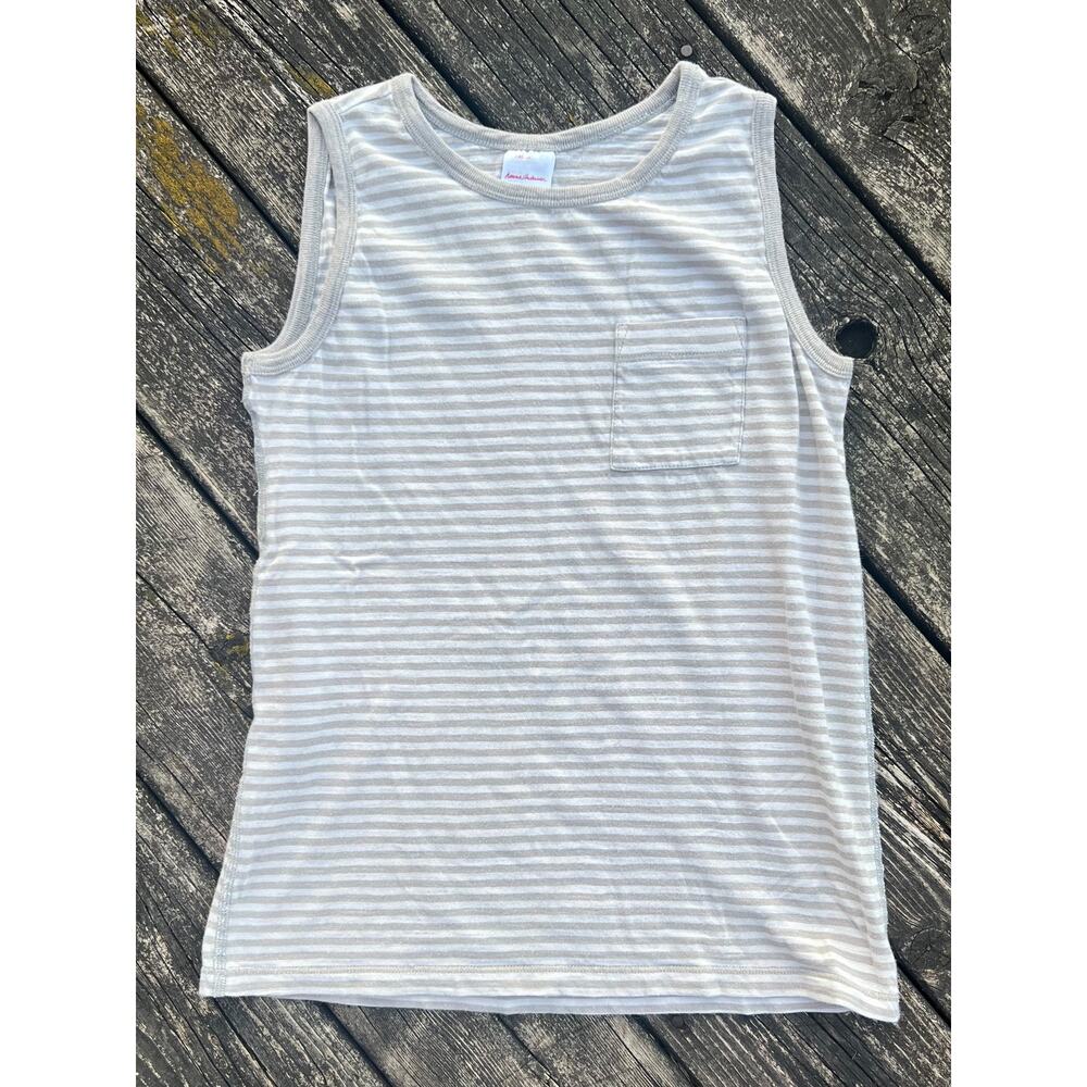 Hanna Andersson Knit Tank 140cm sz 10 Striped Cotton Slub Jersey Gray Pocket Top